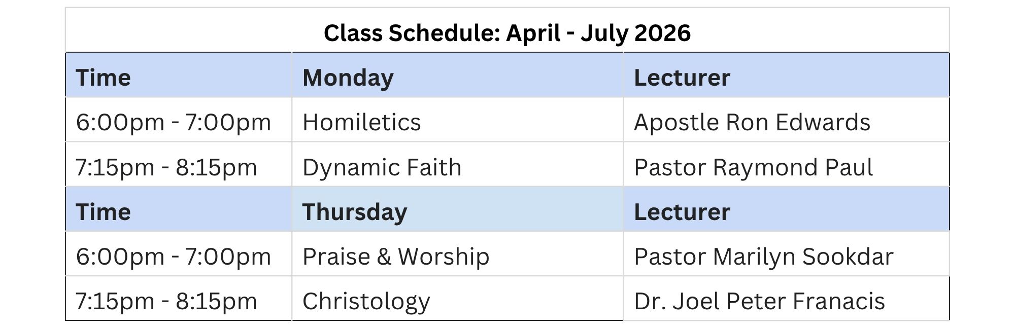 Class schedule